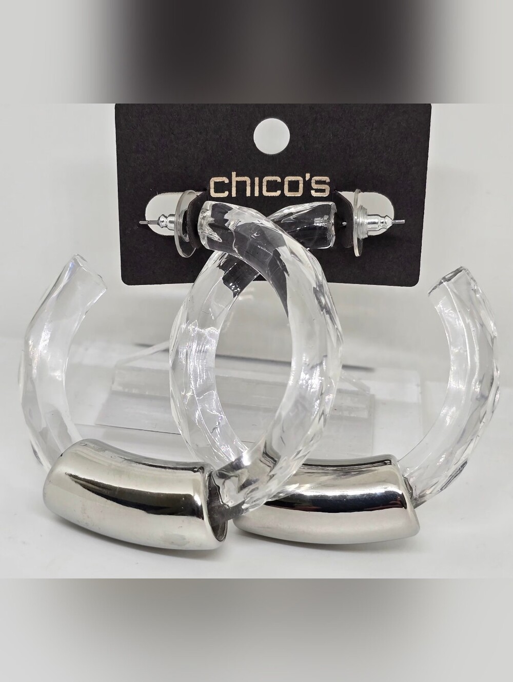 Chico's Clear Acrylic Hoop Earrings with Silver Accents